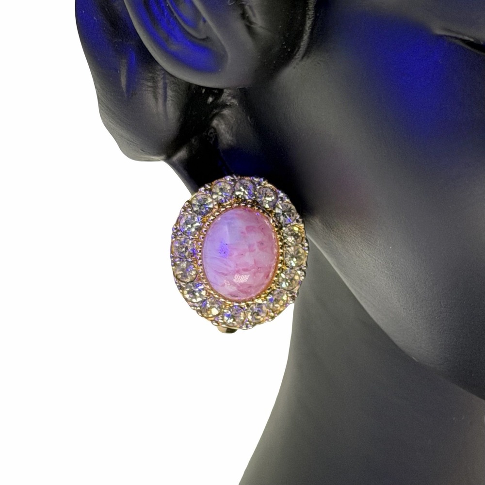 Vintage D'Orlan Signed Pink Cabochon Oval Rhinestone Clip-On Earrings Gold Tone‎